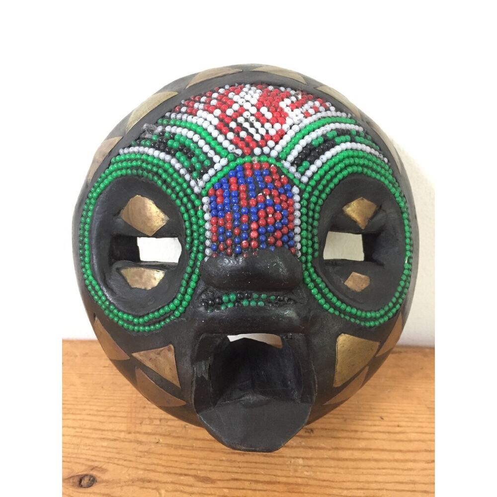 Vtg Ghana Kenyan African Brass Beaded Tribal Ceremonial Face Mask Wall Decor 6"
